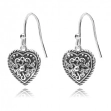 925 Silber Ohrringe, Herz mit Patina und Ornamenten