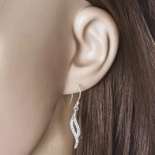 Hängende Ohrringe, 925 Silber - schmales Blatt aus zwei gebogenen Zirkon Linien