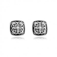 925 Silber Ohrringe, Quadrat mit eingravierten Ornamenten und Patina