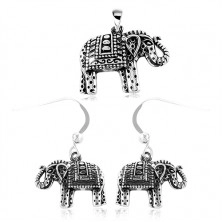 925 Silber Set, Ohrringe und Anhänger, eingravierter Elefant mit schwarzer Patina