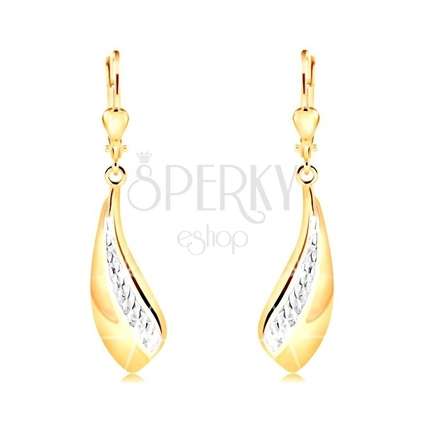 14K Gold Ohrringe - großer gebogener Tropfen, Streifen aus Weißgold und Einschnitte