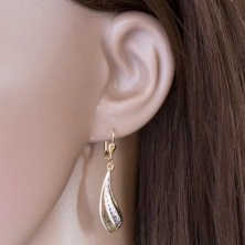 14K Gold Ohrringe - großer gebogener Tropfen, Streifen aus Weißgold und Einschnitte