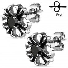 Ohrringe aus 316L Stahl - patiniertes Lilienkreuz mit einem runden Zirkon