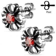 Ohrringe aus 316L Stahl - patiniertes Lilienkreuz mit einem runden Zirkon