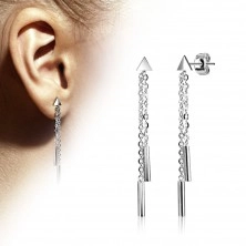 Stahl Ohrringe, kleines Dreieck mit zwei Ketten und Walzen