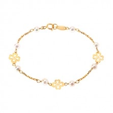 Kinder Armband aus 14K Gelbgold - weiße runde Perlen und vierblättrige Glückskleen