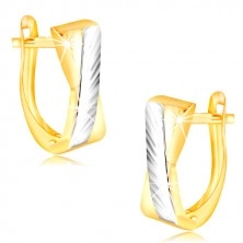 Ohrringe aus 14K Gold - zweifarbige gekreuzte Streifen, schräge Einschnitte