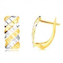 Ohrringe aus 14K Gold - matter Bogen mit einem zweifarbigen Gitter geschmückt