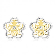 Ohrringe aus 585 Gold - Blume in zwei Farben mit Ornament und einem klaren Zirkon