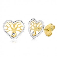 Ohrringe aus 585 Gold - Herz in zwei Farben mit Baum des Lebens und Zirkon