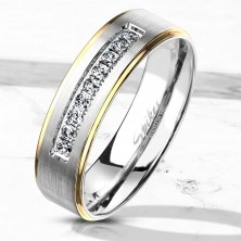 Zweifarbiger Stahl Ring, silberner und goldener Farbton, klare Zirkone, 6 mm