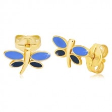 14K Gold Ohrringe - Libelle mit blauer Glasur auf den Flügeln