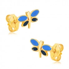 14K Gold Ohrringe - Libelle mit blauer Glasur auf den Flügeln