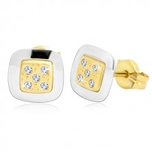 14K Gold Ohrringe - Quadrat mit klaren Zirkonen in der Mitte, Gelb- und Weißgold