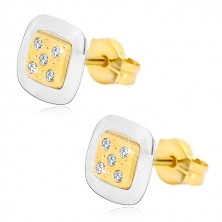 14K Gold Ohrringe - Quadrat mit klaren Zirkonen in der Mitte, Gelb- und Weißgold