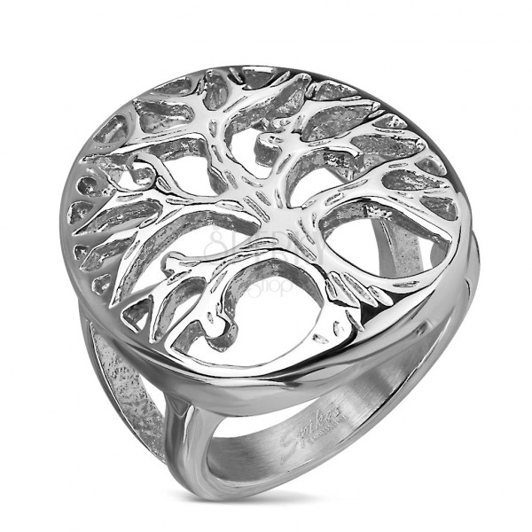 Edelstahl Ring mit einem Lebensbaum-Motiv in einem großen Oval, silberne Farbe