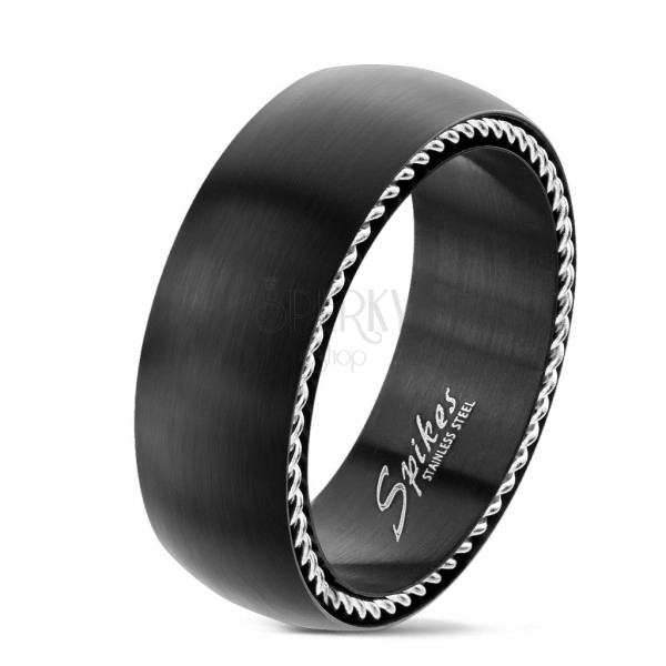 Edelstahl Ring mit spiralförmigem Motiv an den Seiten, matt, schwarz, 8 mm