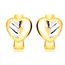 Ohrringe aus kombiniertem 585 Gold - zweifarbiges Voll Herz mit einem Blatt