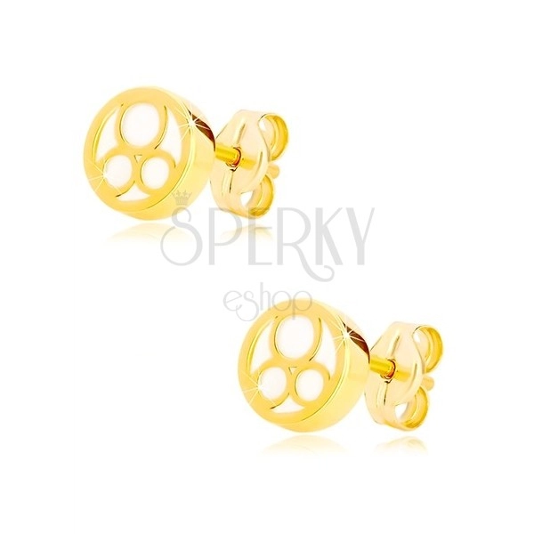585 Gelbgold Ohrringe – Kreis mit natürlichem Perlmutt und drei Ringe