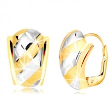 585 Gold Ohrringe – ein asymmetrischer matter Bogen mit zweifarbigen Streifen und Gitter