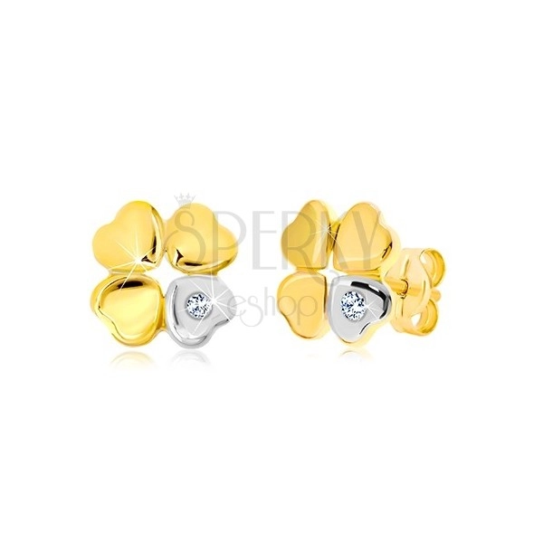 585 Gold Diamantohrringe - vierblättriger Glücksklee, Herz mit einem Diamanten