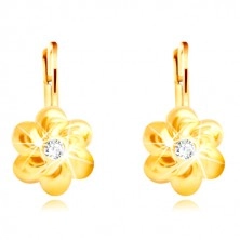 585 Gold Ohrringe - Blume mit sechs abgerundeten Blütenblättern, klarer Zirkon in der Mitte