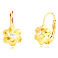 585 Gold Ohrringe - Blume mit sechs abgerundeten Blütenblättern, klarer Zirkon in der Mitte