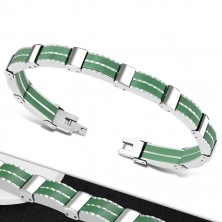 Zweifarbiges Stahl Armband – mehrteilige Glieder, grüne Gummi Streifen