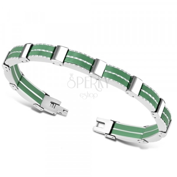 Zweifarbiges Stahl Armband – mehrteilige Glieder, grüne Gummi Streifen
