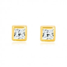 9K Gelbgold Ohrringe - Quadrat-Umriss, geschliffener quadratischer Zirkon in klarer Farbe