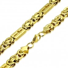 Glänzende Stahlkette in goldener Farbe - byzantinisches Muster, lateinische Kreuze