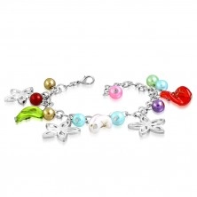 Armband mit Anhängern - Blumenkonturen, gedrehte Perlen mit Rosen, künstliche Perlen