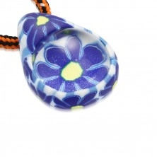 Schnur Halskette - FIMO Träne mit blauen Blumen, Glaskugel