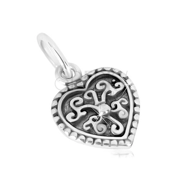 925 Silber Anhänger - symmetrisches Herz, ornamentale Blume mit Kugel, Patina