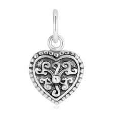 925 Silber Anhänger - symmetrisches Herz, ornamentale Blume mit Kugel, Patina