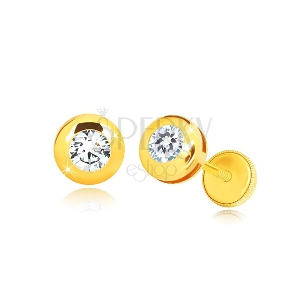 14K Gelbgold Ohrringe - glänzender Kreis mit einem klaren runden Zirkon, Ohrstecker mit Schraubverschluss