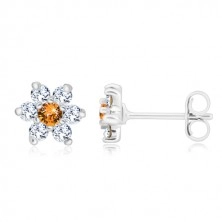 925 Silber Ohrringe - glitzernde Zirkon Blume mit honig-orange Mitte