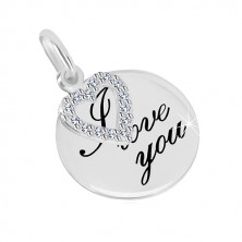 925 Silber Anhänger - glänzender Kreis mit der Aufschrift "I love you", Herzumriss mit Zirkonen