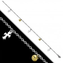 Stahl Armband - Kette aus ovalen Gliedern, Lilienkreuze und Kugeln in goldener Farbe