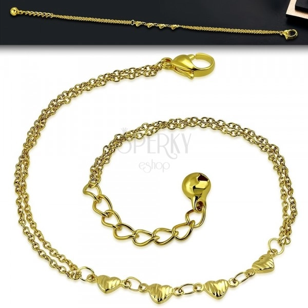 Stahl Armband in goldener Farbe - vier Herzen mit Kerben, Doppelketten, Glöckchen