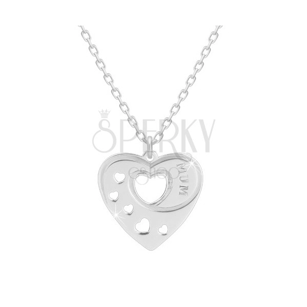 925 Silber Halskette - symmetrisches Herz mit herzförmigen Ausschnitten, Aufschrift "MUM"
