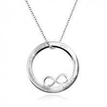 925 Silber Halskette - Kreisumriss mit Unendlichkeits-Symbol, Aufschrift, eckige Kette