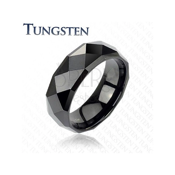 Schwarzer Tungsten Ring mit geschliffenen Rhomben, 6 mm