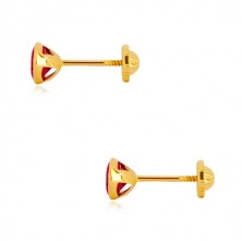 Ohrringe aus 585 Gelbgold - dunkelrosa Zirkon in Fassung, Ohrstecker mit Schraubverschluss, 5 mm