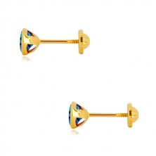 Ohrringe aus 14K Gelbgold - blauer Zirkon in Fassung, Ohrstecker mit Schraubverschluss, 5 mm