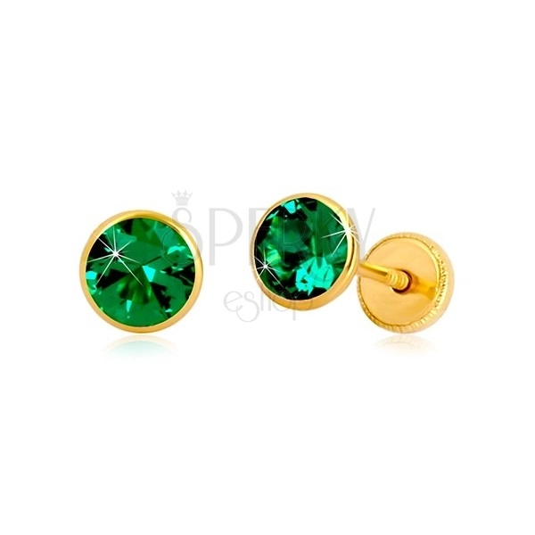 14K Gold Ohrringe - smaragdgrüner Zirkon in Fassung, Ohrstecker mit Schraubverschluss, 5 mm