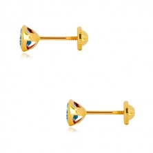 14K Gelbgold Ohrringe - himmelblauer Zirkon in Fassung, Ohrstecker mit Schraubverschluss, 5 mm