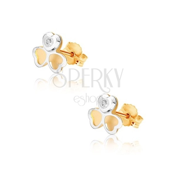 Ohrringe aus kombiniertem 375 Gold - zweifarbiges dreiblättriges Kleeblatt, kleiner Zirkon