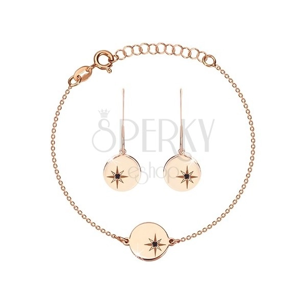 925 Silber Set, rosé-goldener Farbton - Armband und Ohrringe, Kreis mit Polarstern, schwarzer Diamant