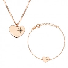 925 Silber Set in rosé-goldener Farbe - Armband und Halskette, Herz mit Polarstern und einem Diamanten